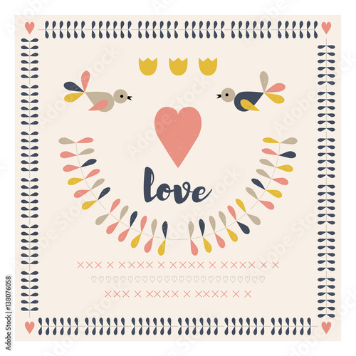 Vector retro style illustration with stylized twigs, birds and hearts in pastel colors.