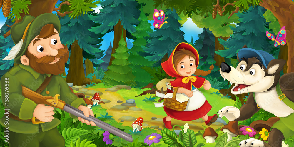 Fototapeta premium cartoon scene with wolf girl and hunter in the forest 