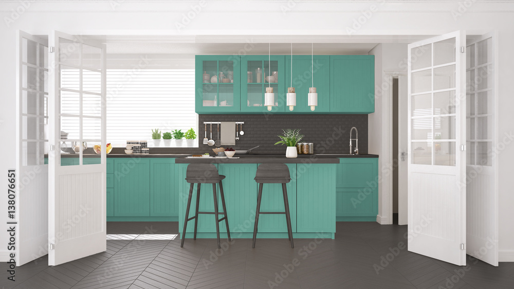 Scandinavian classic kitchen with wooden and turquoise details, minimalistic interior design - obrazy, fototapety, plakaty 