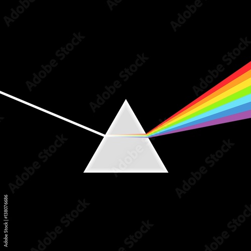 Triangular Prism breaks white light ray into rainbow spectral colors. Dispersive prism, physics