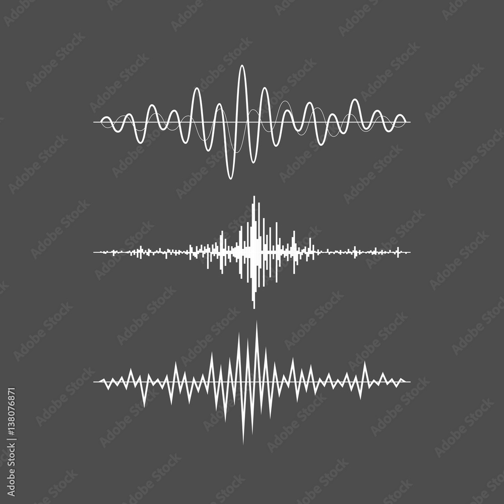 Music sound waves set isolated on gray background. Audio equalizer technology, pulse musical. Vector illustration