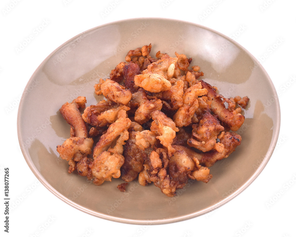 fried pork with garlic and pepper,thaifood isolated on white background fried pork with garlic and pepper,thaifood isolated on white background