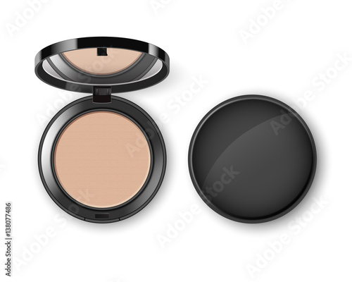 Vector Face Cosmetic Makeup Powder in Black Round Plastic Case with Mirror Top View Isolated on White Background
