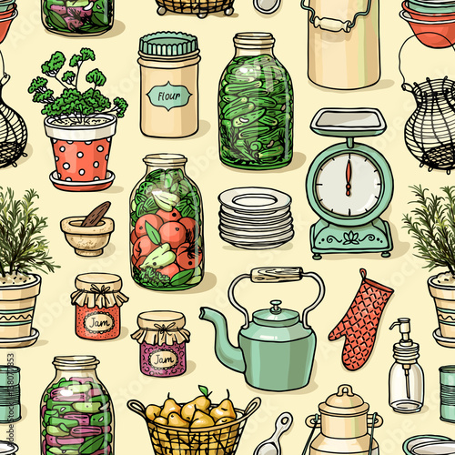 Rustic kitchen sketchy vector seamless pattern. Cooking items background.