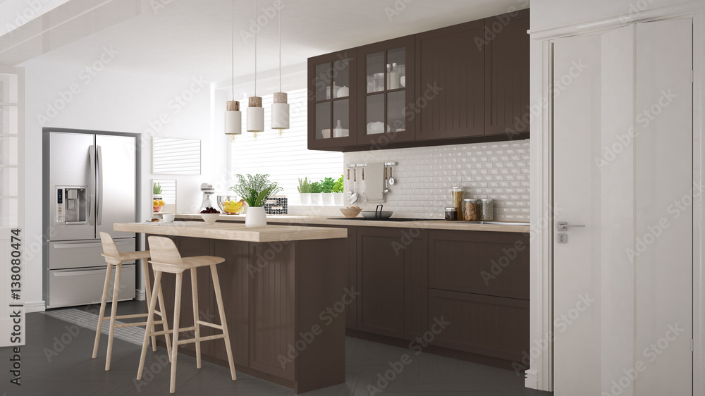 Plakat Scandinavian classic kitchen with wooden and brown details, minimalistic interior design