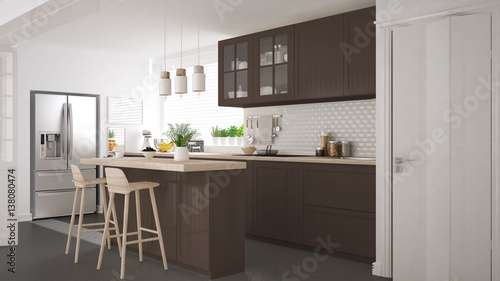 Scandinavian classic kitchen with wooden and brown details, minimalistic interior design