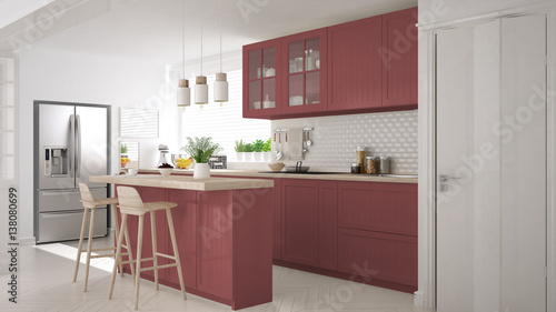 Fototapeta Naklejka Na Ścianę i Meble -  Scandinavian classic kitchen with wooden and red details, minimalistic interior design