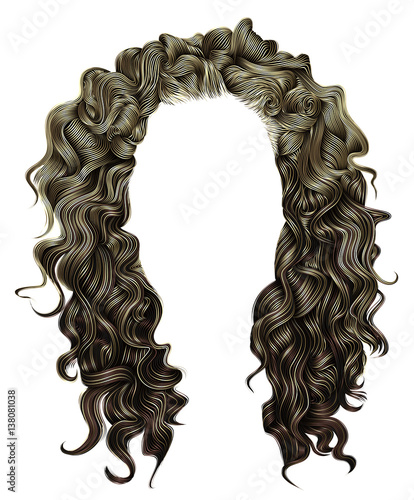 
woman trendy long curly brunette hairs wig dark brown colors .
 coloring highlighting, . beauty fashion . realistic 3d .
