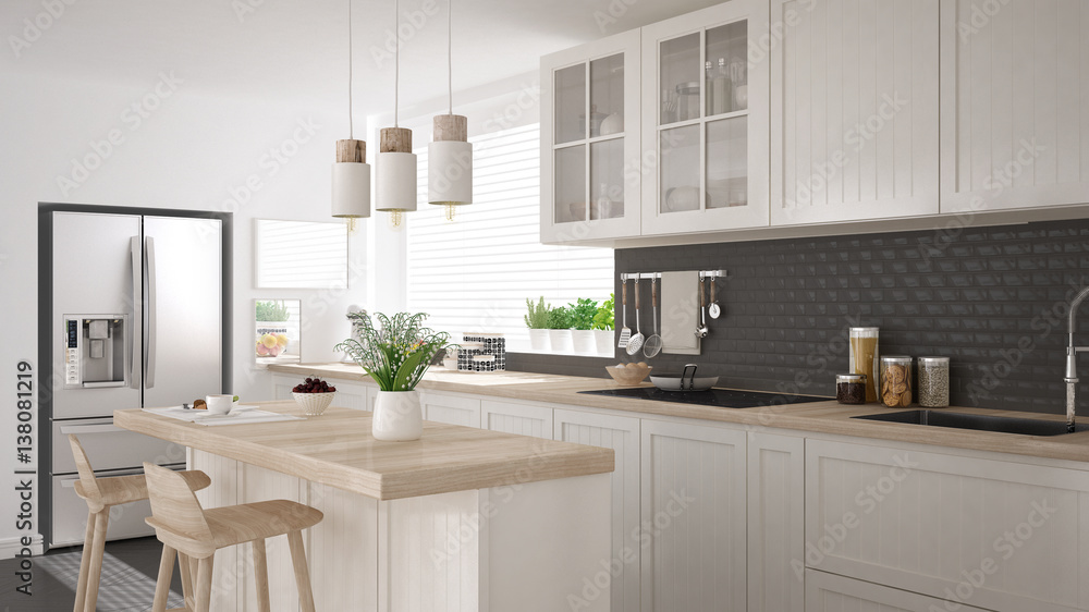 Fototapeta premium Scandinavian classic kitchen with wooden and white details, minimalistic interior design