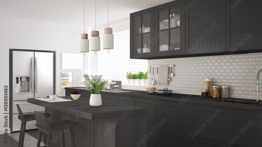 Scandinavian classic kitchen with wooden and gray details, minimalistic interior design Scandinavian classic kitchen with wooden and gray details, minimalistic interior design