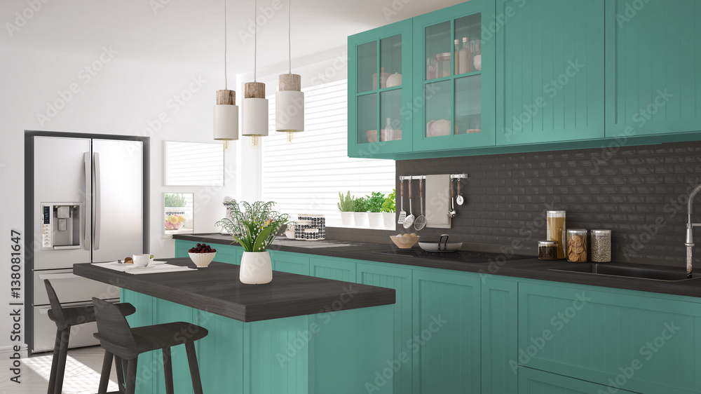 Plakat Scandinavian classic kitchen with wooden and turquoise details, minimalistic interior design