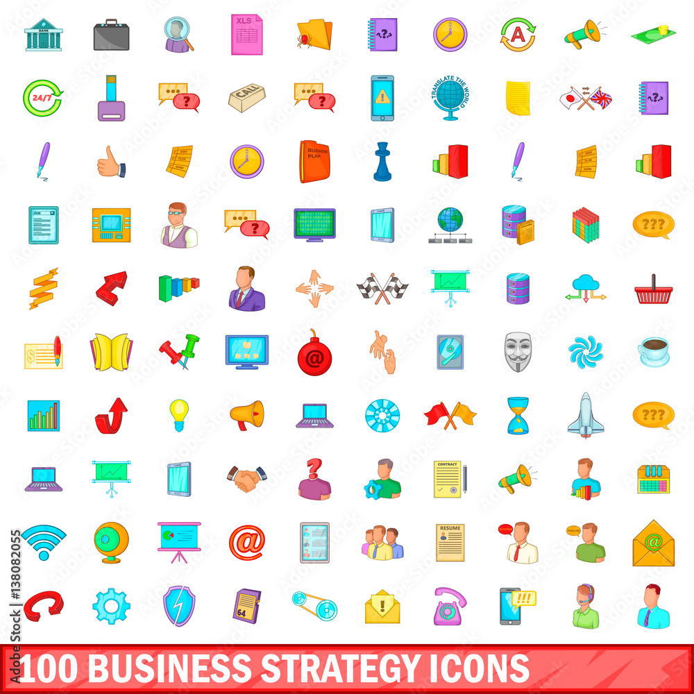 100 business strategy icons set, cartoon style 100 business strategy icons set, cartoon style