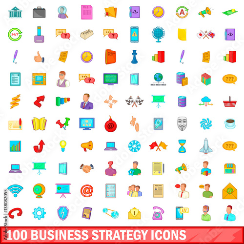 100 business strategy icons set, cartoon style