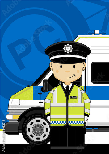 Cute Cartoon British Policeman and Police Van