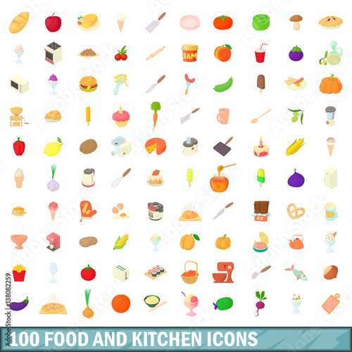 Fototapeta Naklejka Na Ścianę i Meble -  100 food and kitchen icons set, cartoon style
