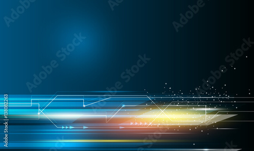 Vector Abstract, science, futuristic, energy technology concept. Digital image of arrow sign, light ray, stripes lines with blue light, speed movement pattern and motion blur over dark blue background