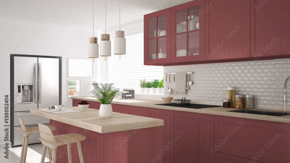 Plakat Scandinavian classic kitchen with wooden and red details, minimalistic interior design