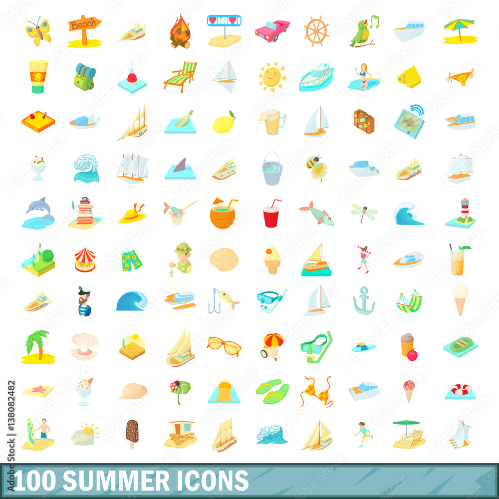100 summer icons set, cartoon style 100 summer icons set, cartoon style