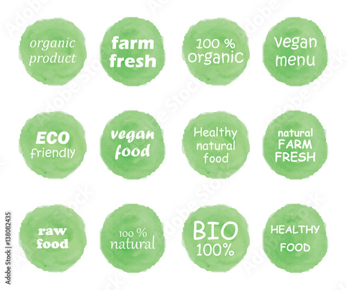 Hand drawn watercolor stickers and badges for organic food