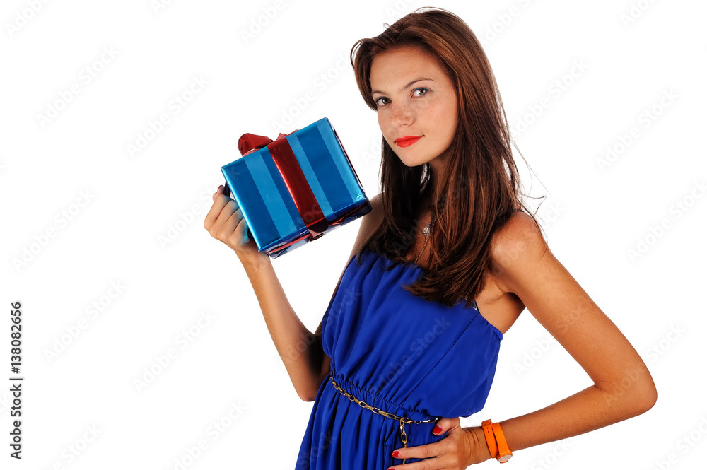 Portrait of casual young happy woman hold gift box. Isolated studio background female model. Portrait of casual young happy woman hold gift box. Isolated studio background female model.