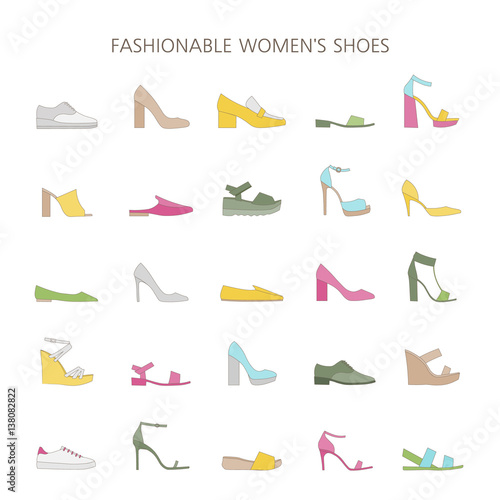 Set with different types of trendy shoes. Women's collection of spring, summer and autumn