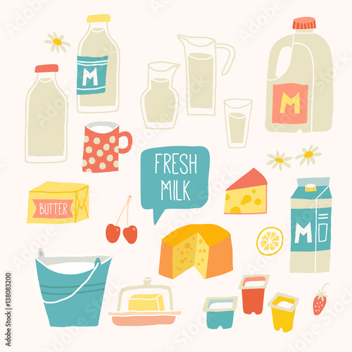 Fresh milk set. Dairy products - milk, yogurt, cheese, butter, milkshake.