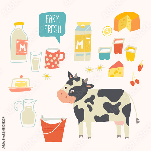 Farm fresh set. Cow and products - milk, yogurt, cheese, butter, milkshake. Vector illustration, isolated on white. Vector hand drawn eps 10 clip art illustration isolated on white background.