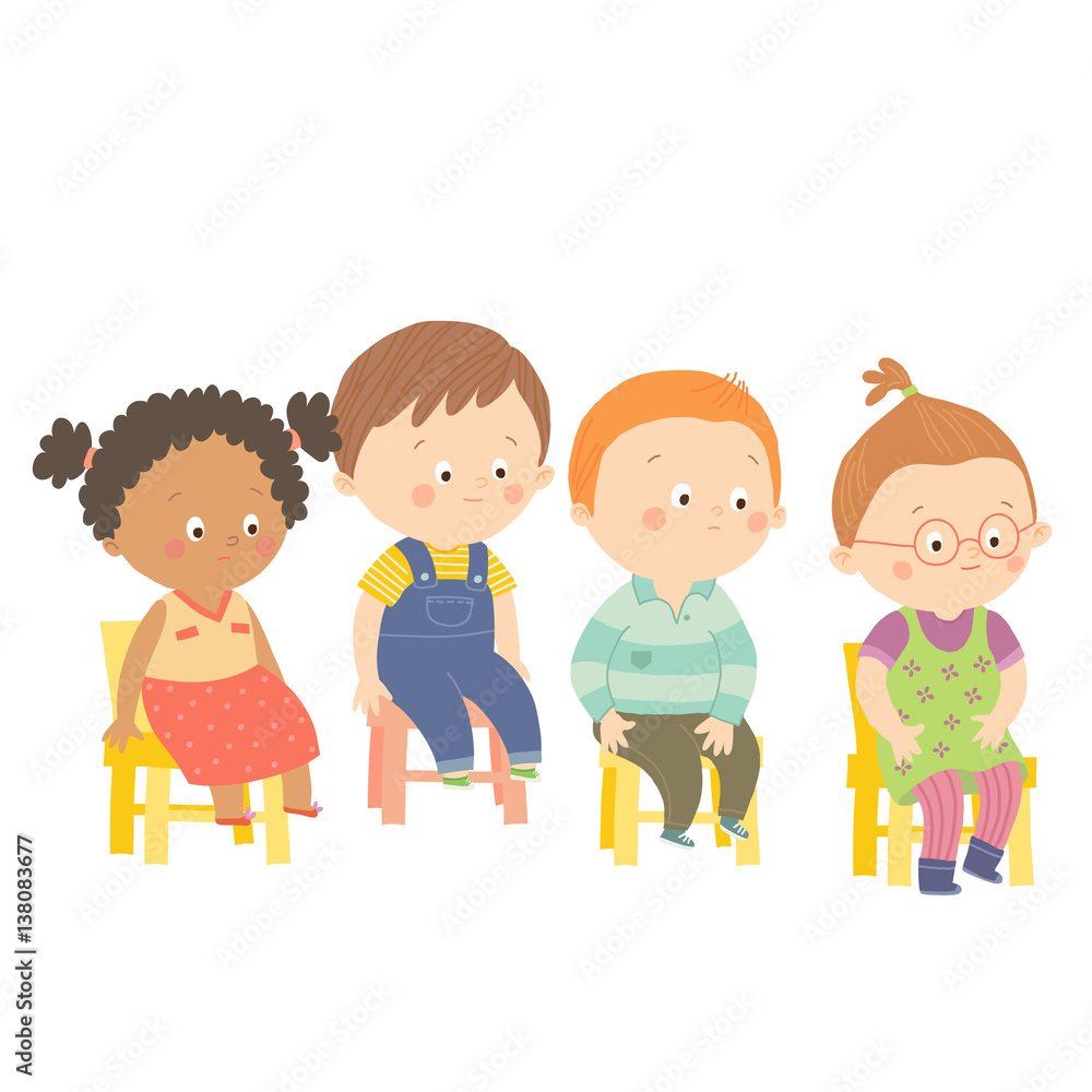 Perplex preschool children sitting on chairs.
