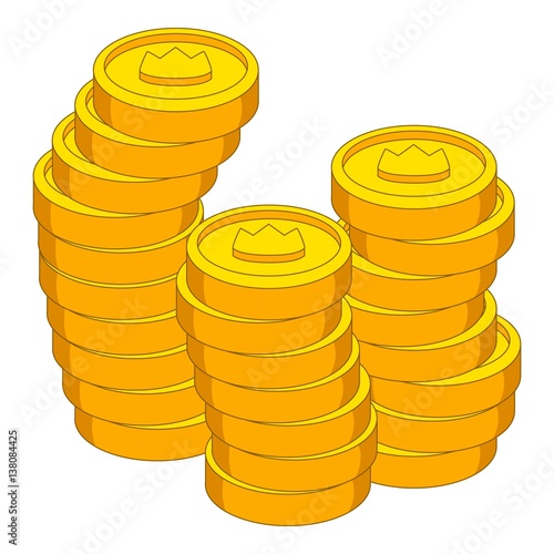 Stacks of coins with crown icon, cartoon style