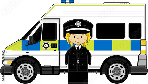 Cartoon Policewoman and Police van