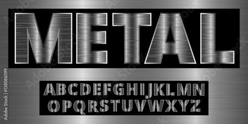 Brushed aluminum metal realistic font. Detailed steel chrome alphabet typeset on vector background.