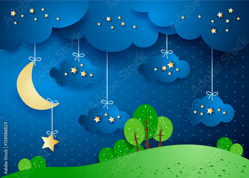 Surreal landscape by night with hanging clouds and stars