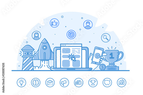 Vector illustration of website banner with blue icons in flat outline filled style.