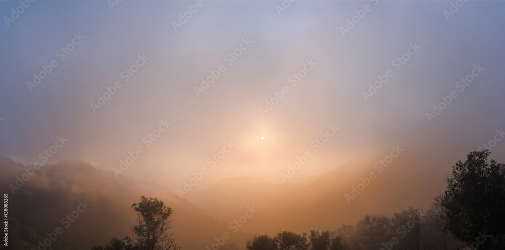panorama of mountain with misty in golden hour on morning. panorama of mountain with misty in golden hour on morning.