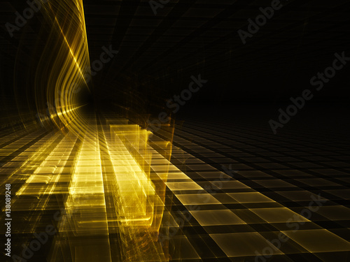 Abstract background element. Three-dimensional composition of glowing grids and wave shapes. Science and technology concept. Golden yellow and black colors.
