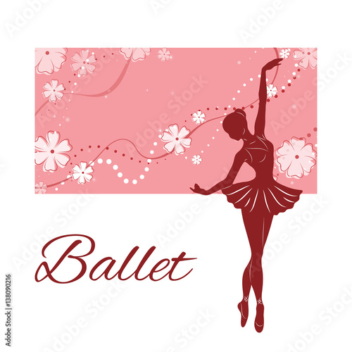 Silhouette of the ballerina against the pink background of beautiful patterns and flowers