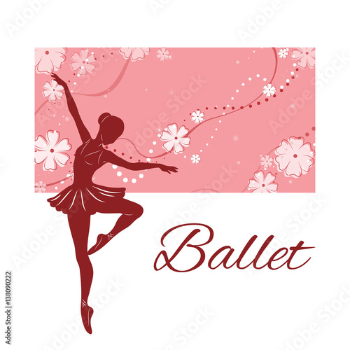 Silhouette of the ballerina against the pink background of beautiful patterns