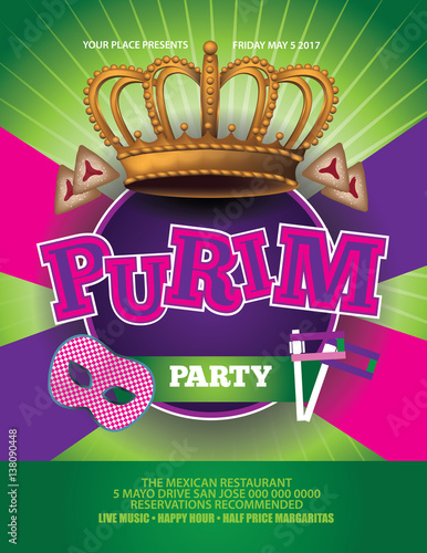 Purim poster icon design. For your holiday celebration at a bar, restaurant, nightclub or other venue. EPS 10 vector. 