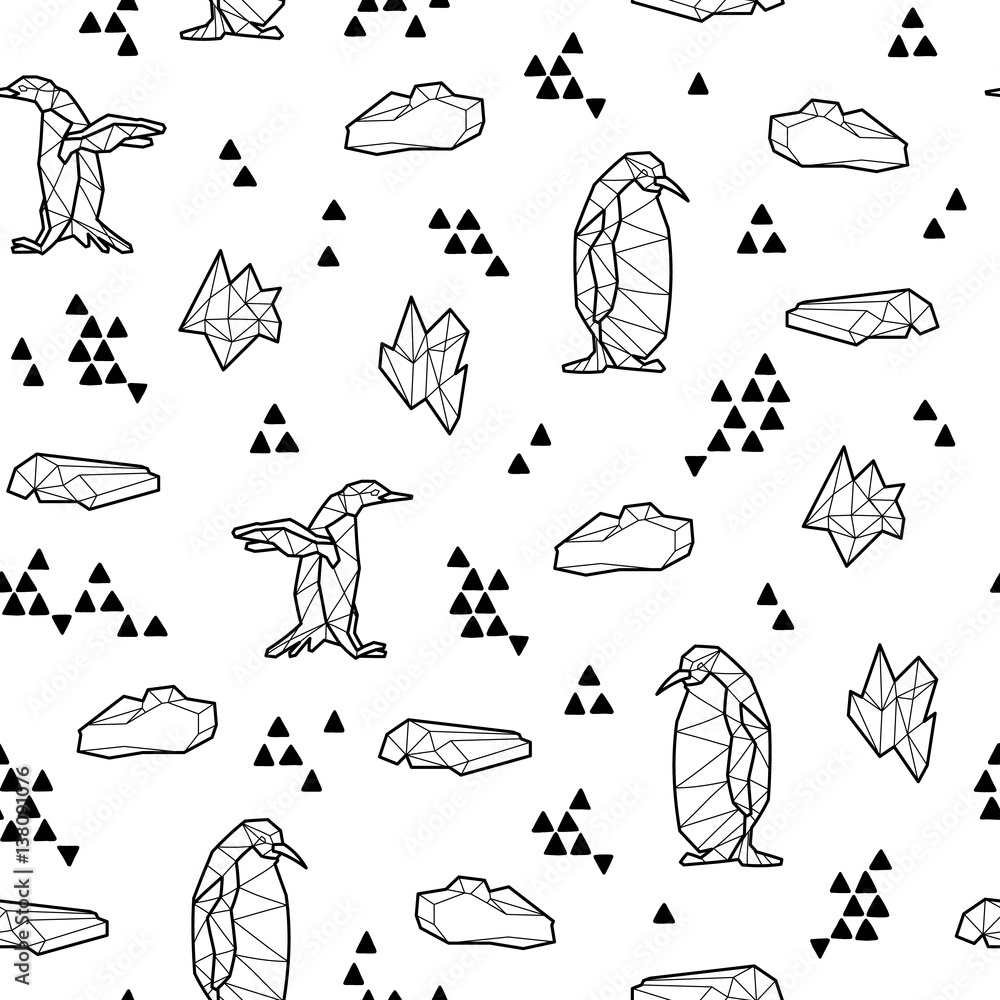 Obraz premium Seamless black and white kids tribal vector pattern with penguins and triangles.