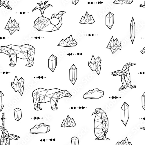 Seamless black and white kids tribal vector pattern with whales, penguins, polar bears and arrows.