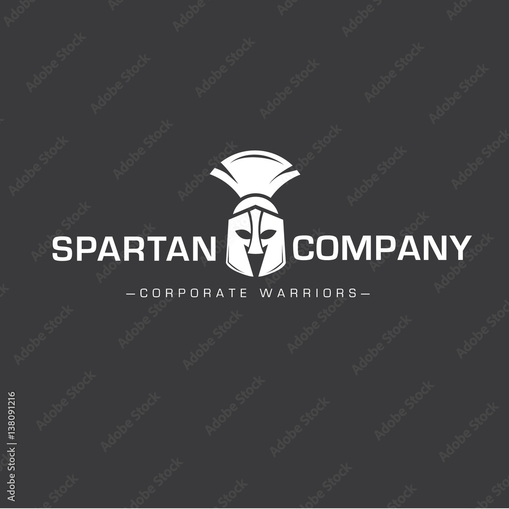 Warrior icon in spartan style. Stylized helmet and soldier silhouette with sample typography. Symbol of strength. EPS 10 vector.
