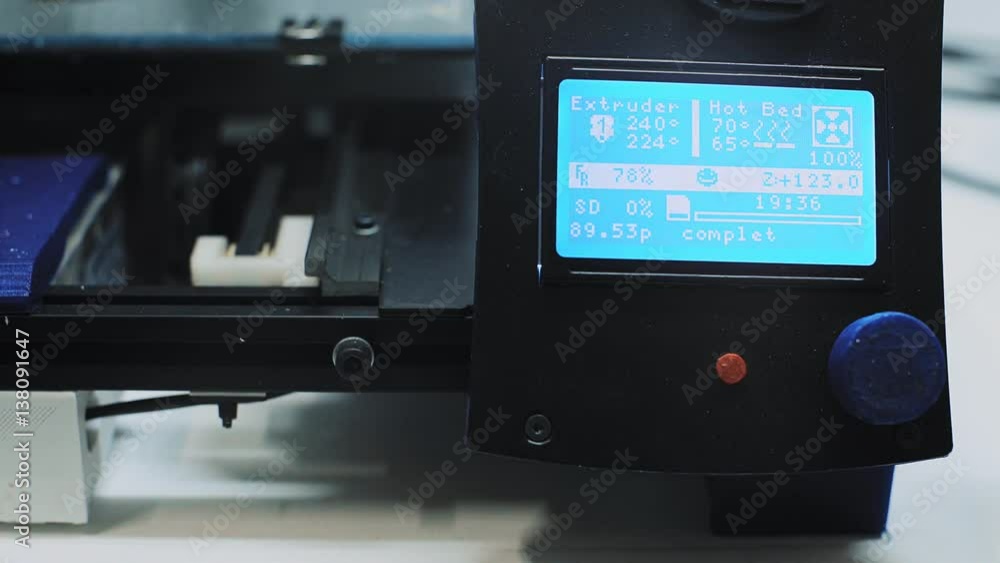 Close front view on working control panel and screen of custom handmade three dimensional printer Close front view on working control panel and screen of custom handmade three dimensional printer