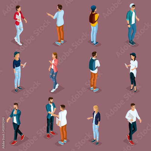 Trendy Isometric young people, teenagers and students. Creative people in modern dress hipster, modern gadgets, Freelancers isolated on purple background. Vector illustration
