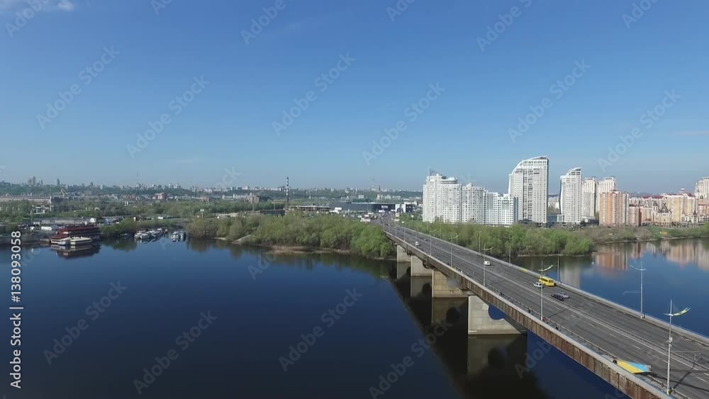 view of the bridge over the river, the road junction, the city sleeping area view of the bridge over the river, the road junction, the city sleeping area
