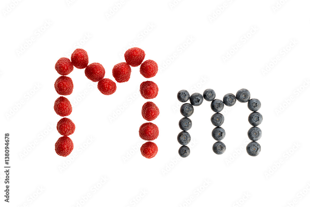 Alphabet from fresh fruit, raspberry and blackberry Alphabet from fresh fruit, raspberry and blackberry
