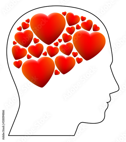 Fallen in love - symbolized by a head full with hearts instead of brain - illustration on white background.