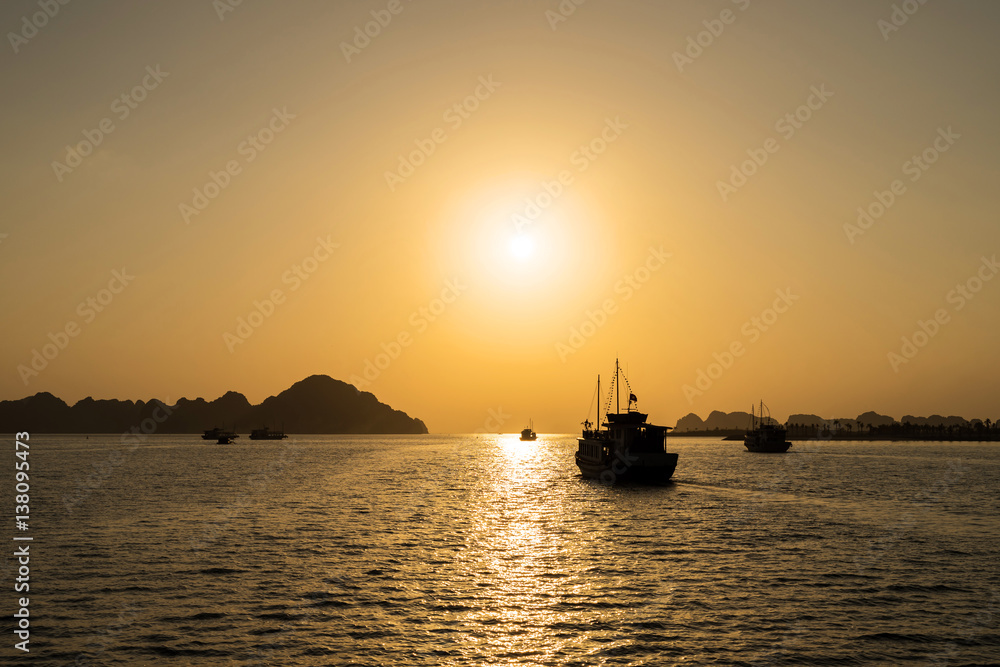 The beautiful sunset in Halong Bay, Vietnam