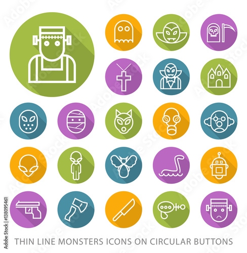 Set of Elegant Universal White Monsters Minimalistic Thin Line Icons on Circular Colored Buttons on White Background