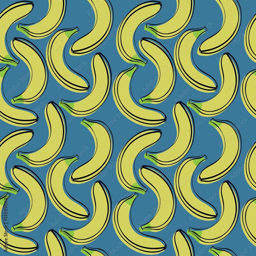 Seamless pattern of cartoon bananas. Drawn fruits on a blue background. Eco texture for packaging or for fabric. Seamless pattern of cartoon bananas. Drawn fruits on a blue background. Eco texture for packaging or for fabric.