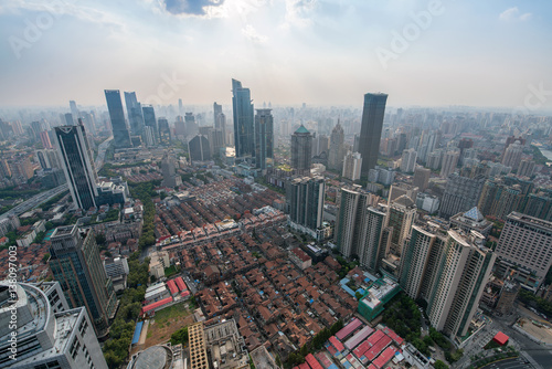 Canvas Print Aerial city view with crossroads, roads, houses, buildings in shanghai